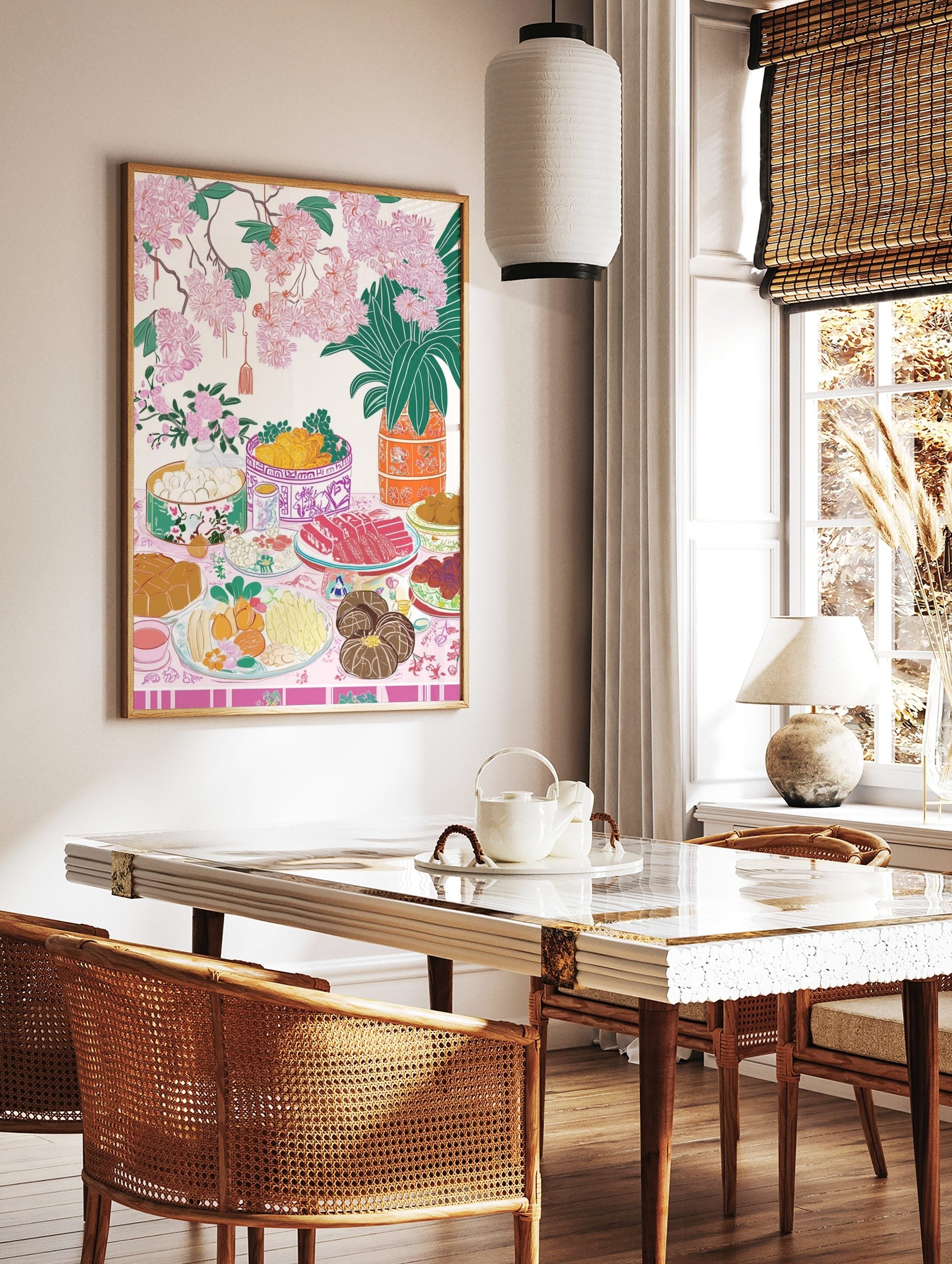 Illustrative art print of a festive table with food, pink cherry blossoms, and green foliage, in a styled room mockup