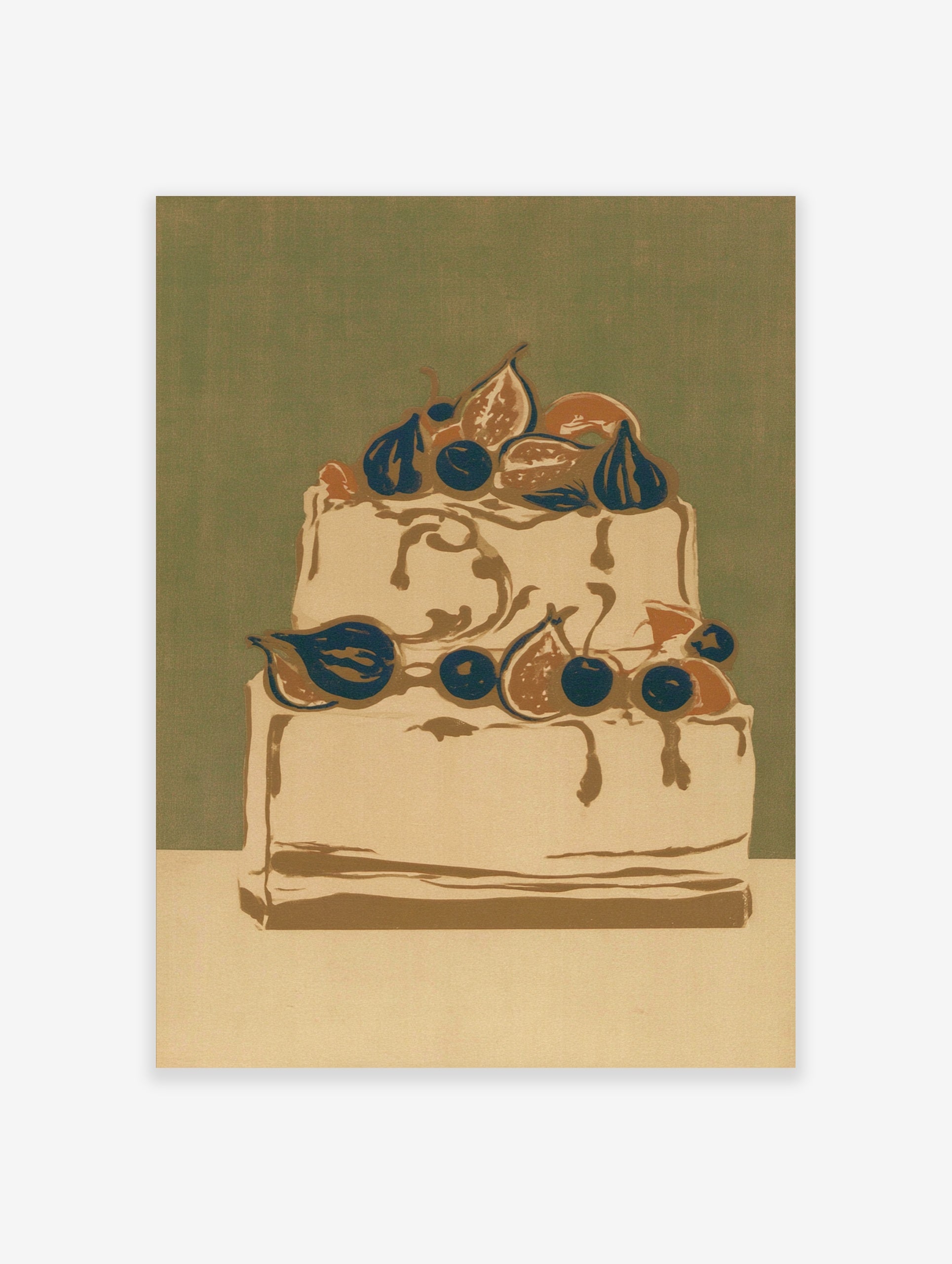 Illustrative wall art print of a two-tiered cake decorated with figs and blueberries against a muted green background