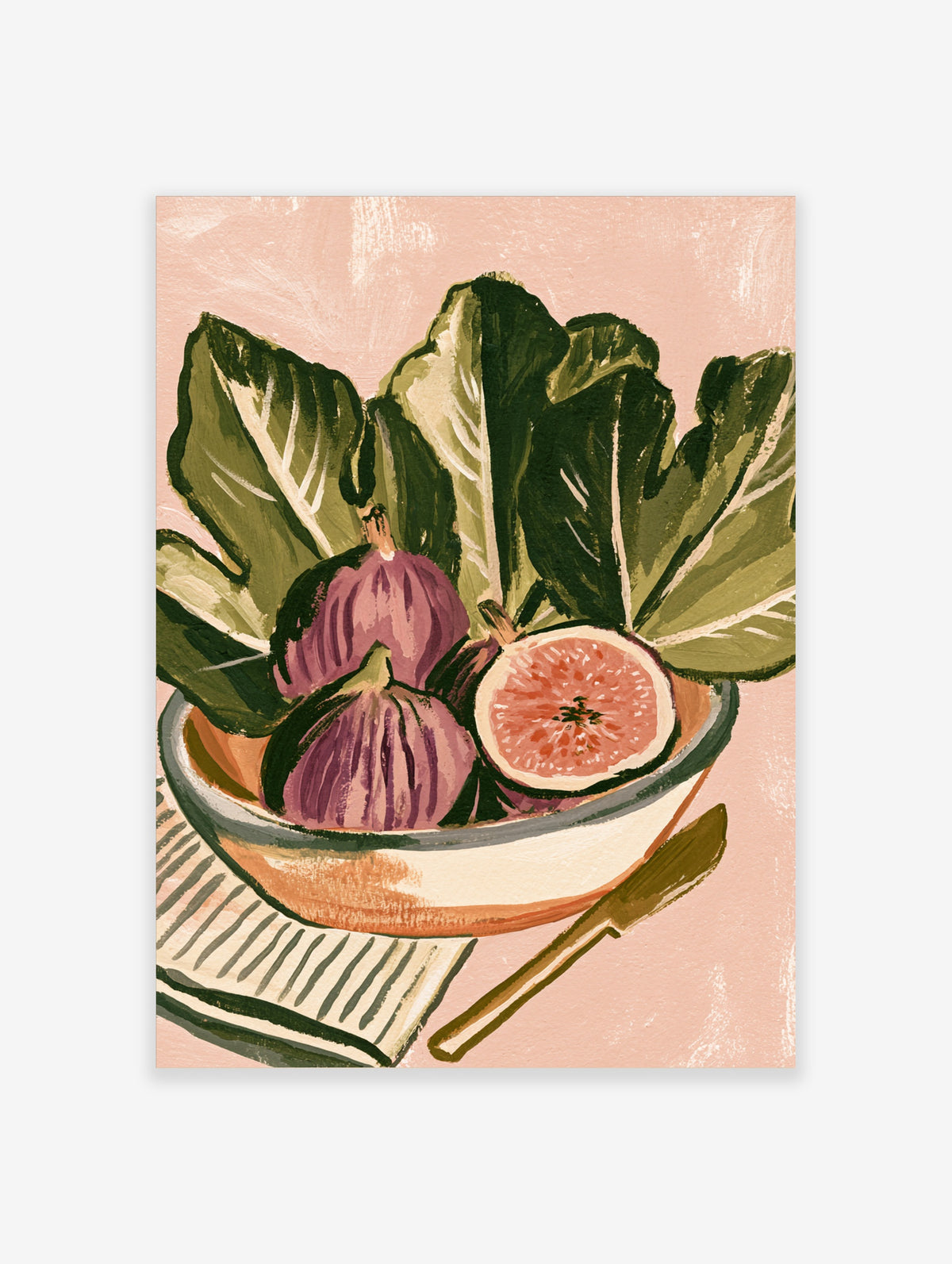 Fig and chard kitchen wall art print with purple figs and green leaves in a bowl on pink background