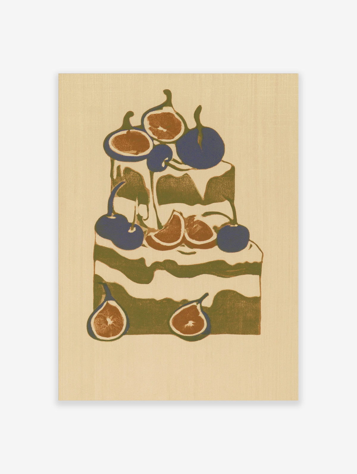 Stylized cake illustration with figs and cherries in olive green, deep blue, and cream, illustrative kitchen wall art print