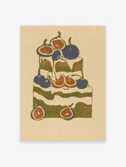 Stylized cake illustration with figs and cherries in olive green, deep blue, and cream, illustrative kitchen wall art print