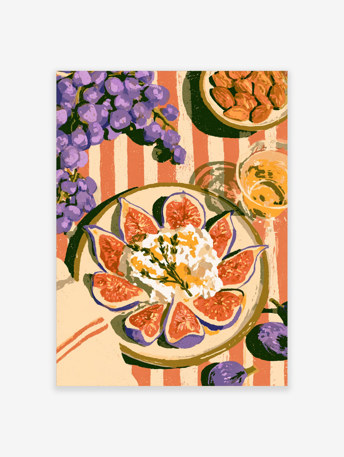 Colourful still life poster of sliced figs, grapes, and cheese on a striped tablecloth