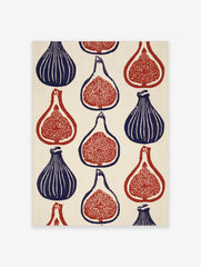 Botanical fig wall art print featuring a repeating pattern of whole and sliced figs in deep blue and red on beige paper