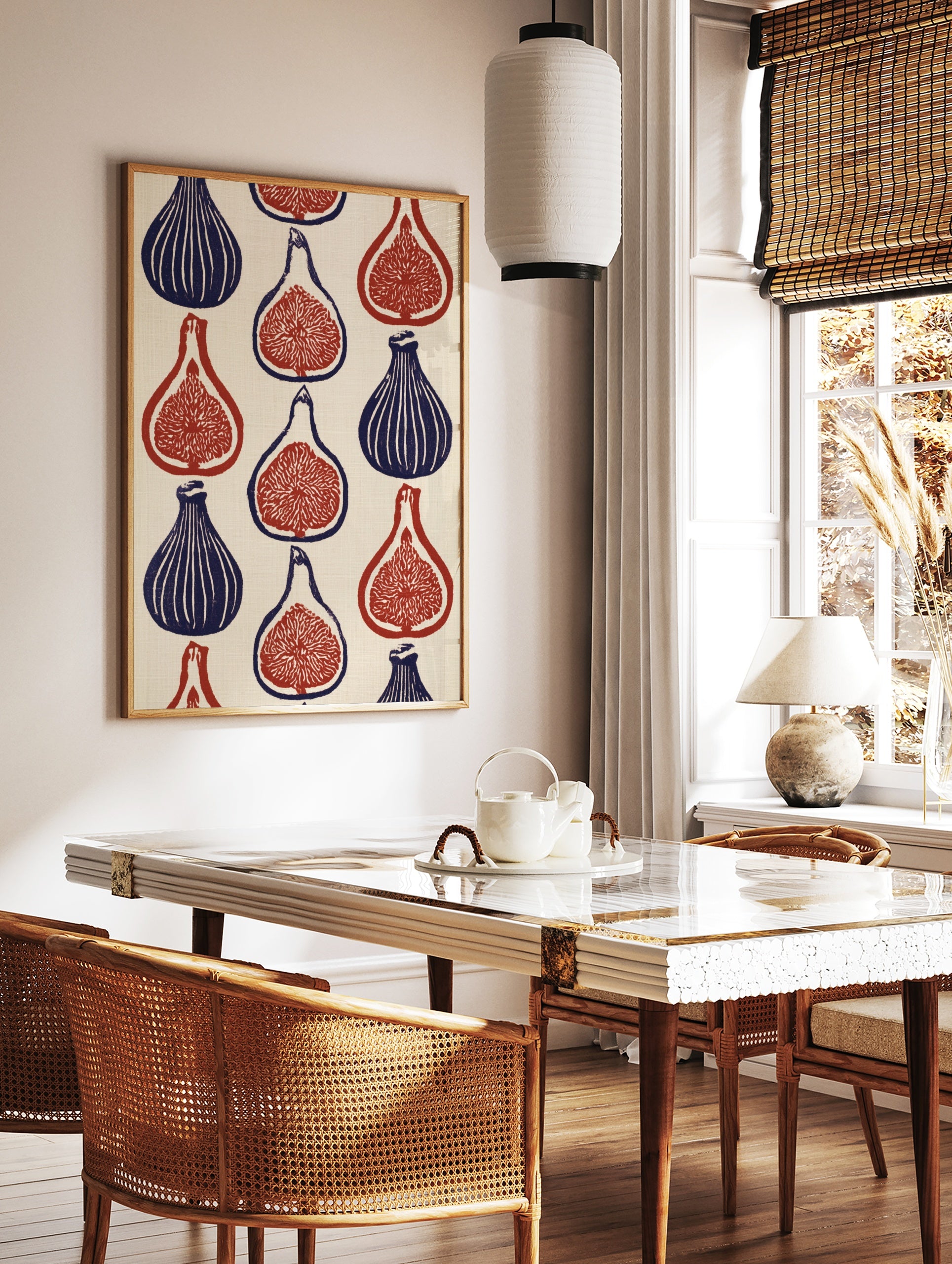 Botanical fig wall art print featuring a repeating pattern of whole and sliced figs in deep blue, in a styled room mockup