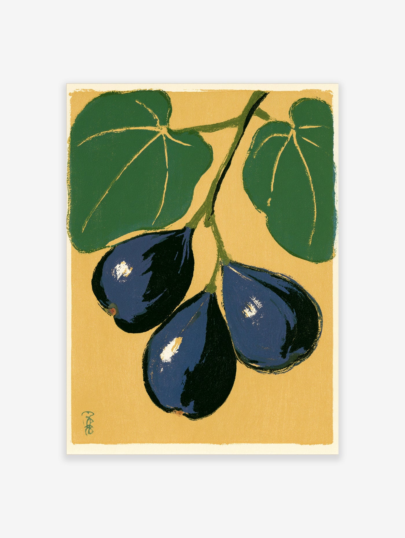 Three dark blue figs hanging from a stem with green leaves on a solid yellow background, illustrative botanical wall art