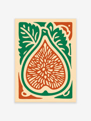 Illustrative fig botanical print, cut in half with seeds, green leaves, and reddish-orange flesh on beige