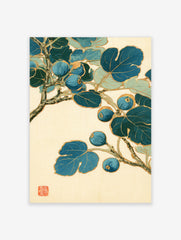 Japanese-style botanical illustration of a blue fig branch with gold outlines on an off-white background