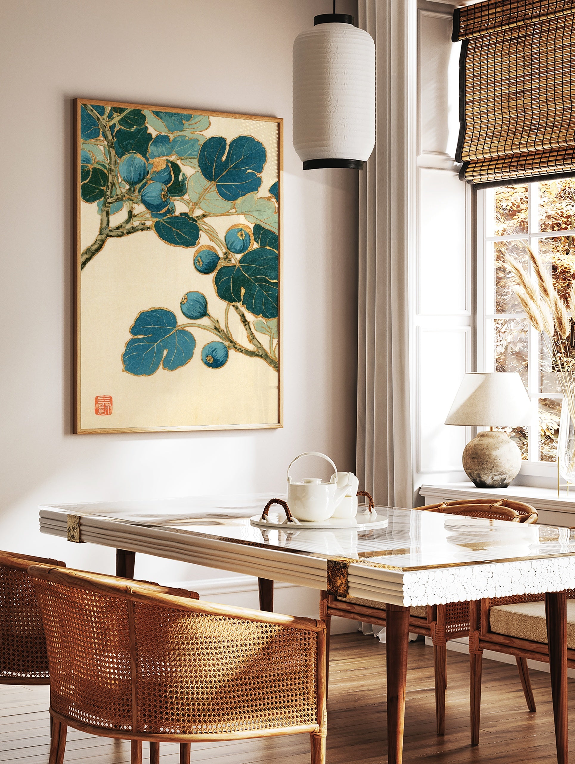 Japanese-style botanical illustration of a blue fig branch with gold outlines on an off-white, in a styled room mockup