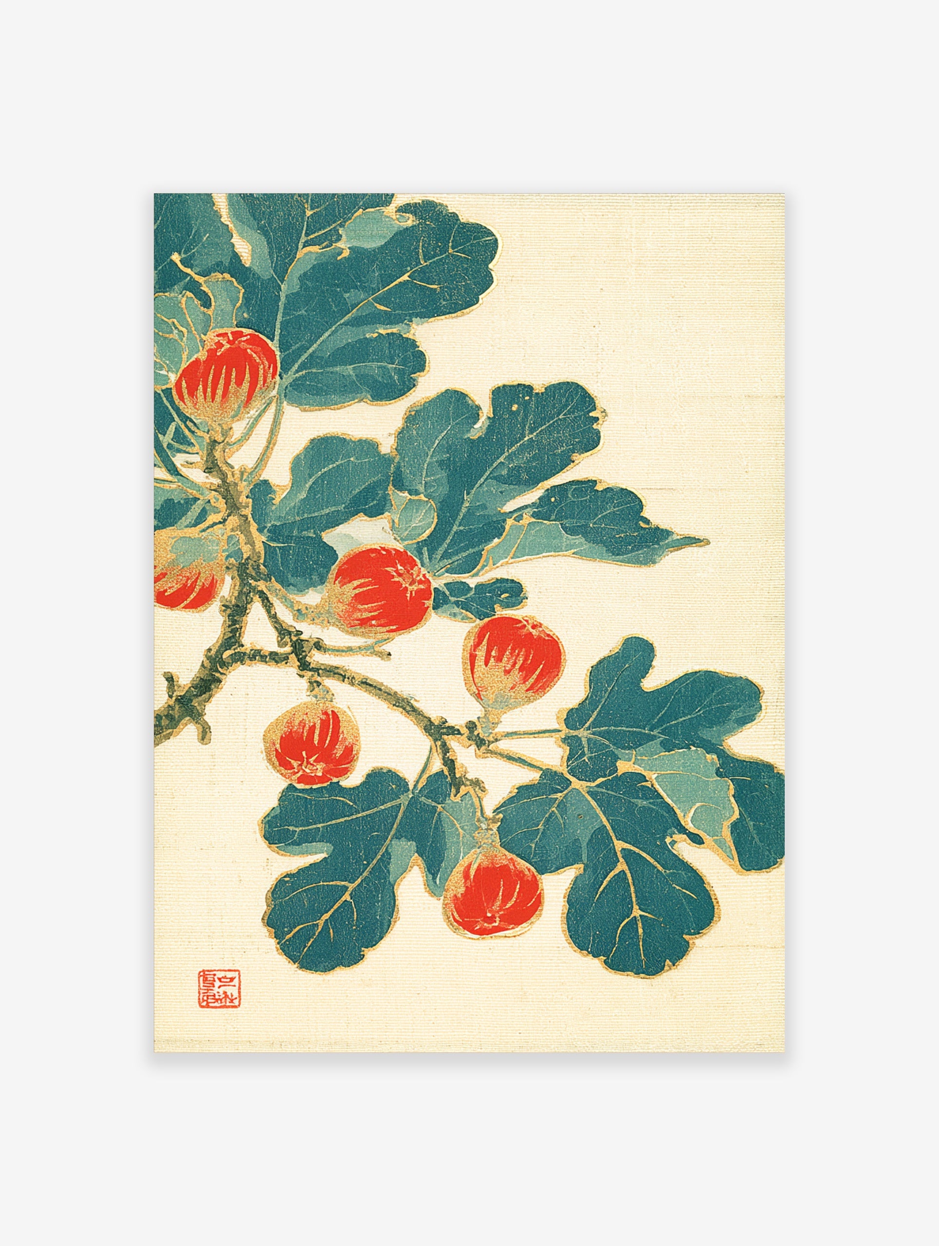 Japanese style botanical fig fruit branch illustration with red figs and green leaves on a cream background