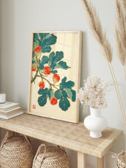Japanese style botanical fig fruit branch illustration with red figs and green leaves on a, in an alternate framed mockup