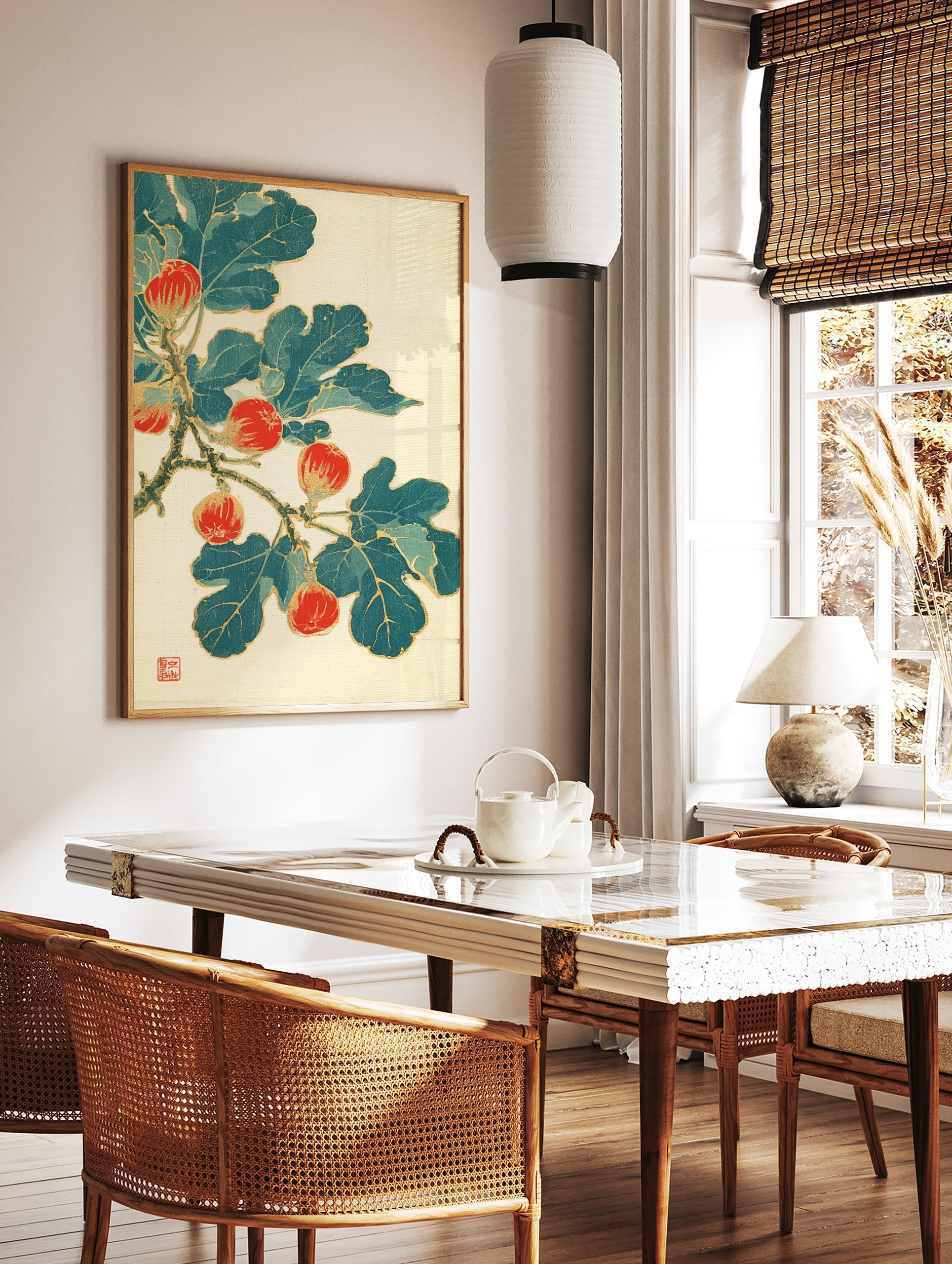 Japanese style botanical fig fruit branch illustration with red figs and green leaves on a cream, in a styled room mockup