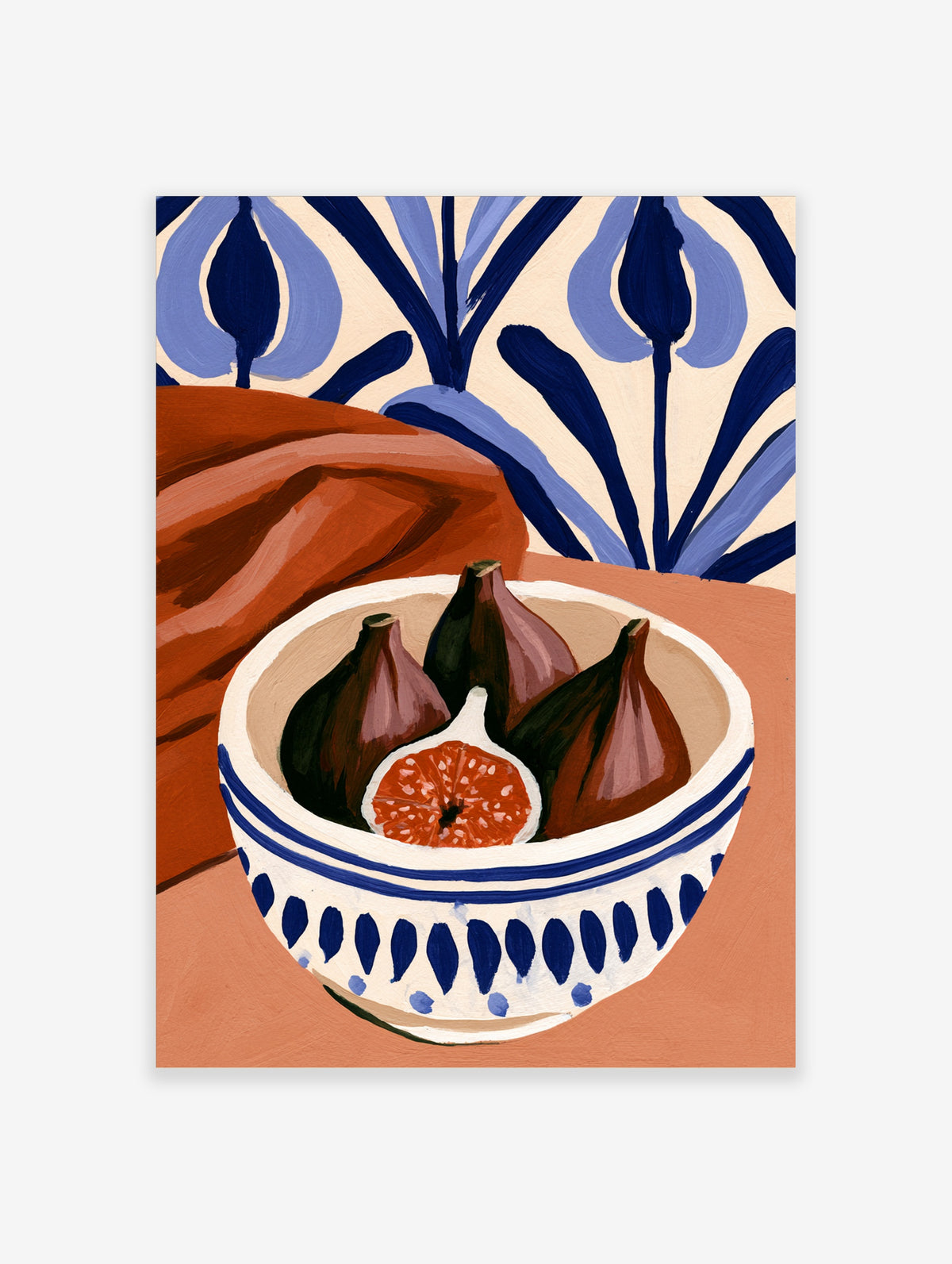 Still life art print of figs in a blue and white patterned bowl with terracotta fabric and blue botanical background