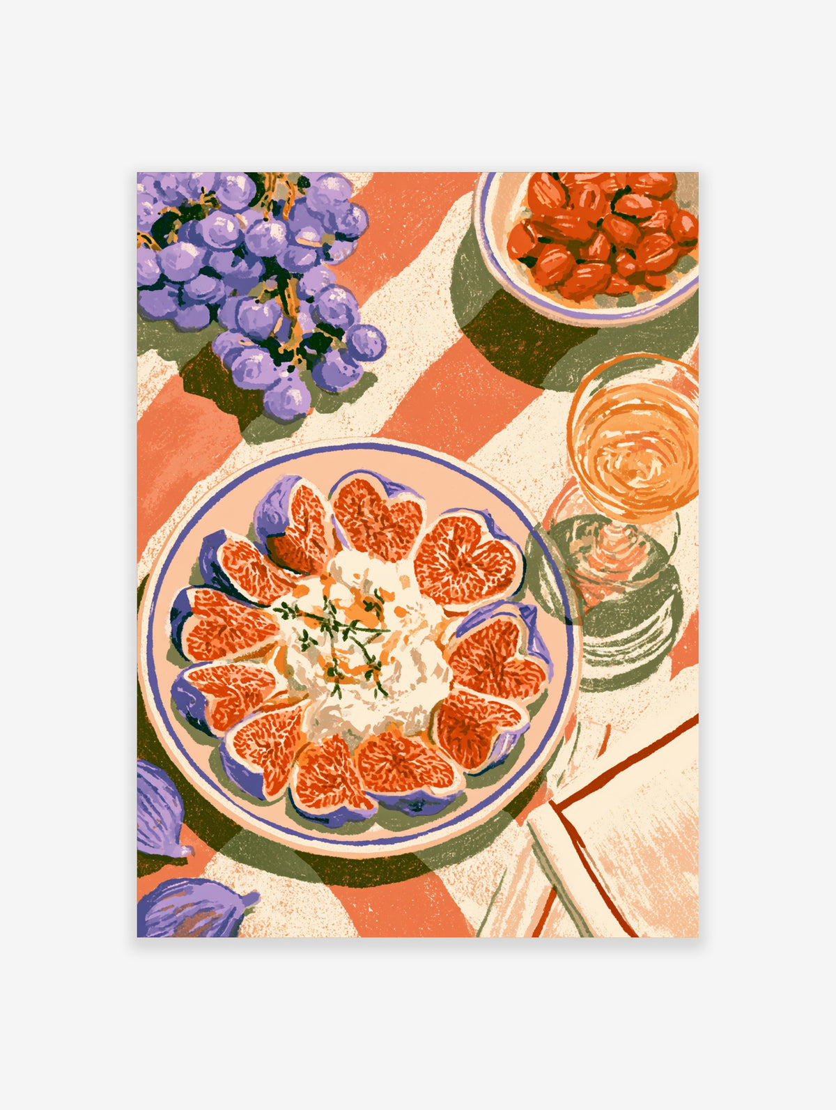 Colourful fig salad still life poster with sliced figs, burrata, grapes, and wine on a striped tablecloth