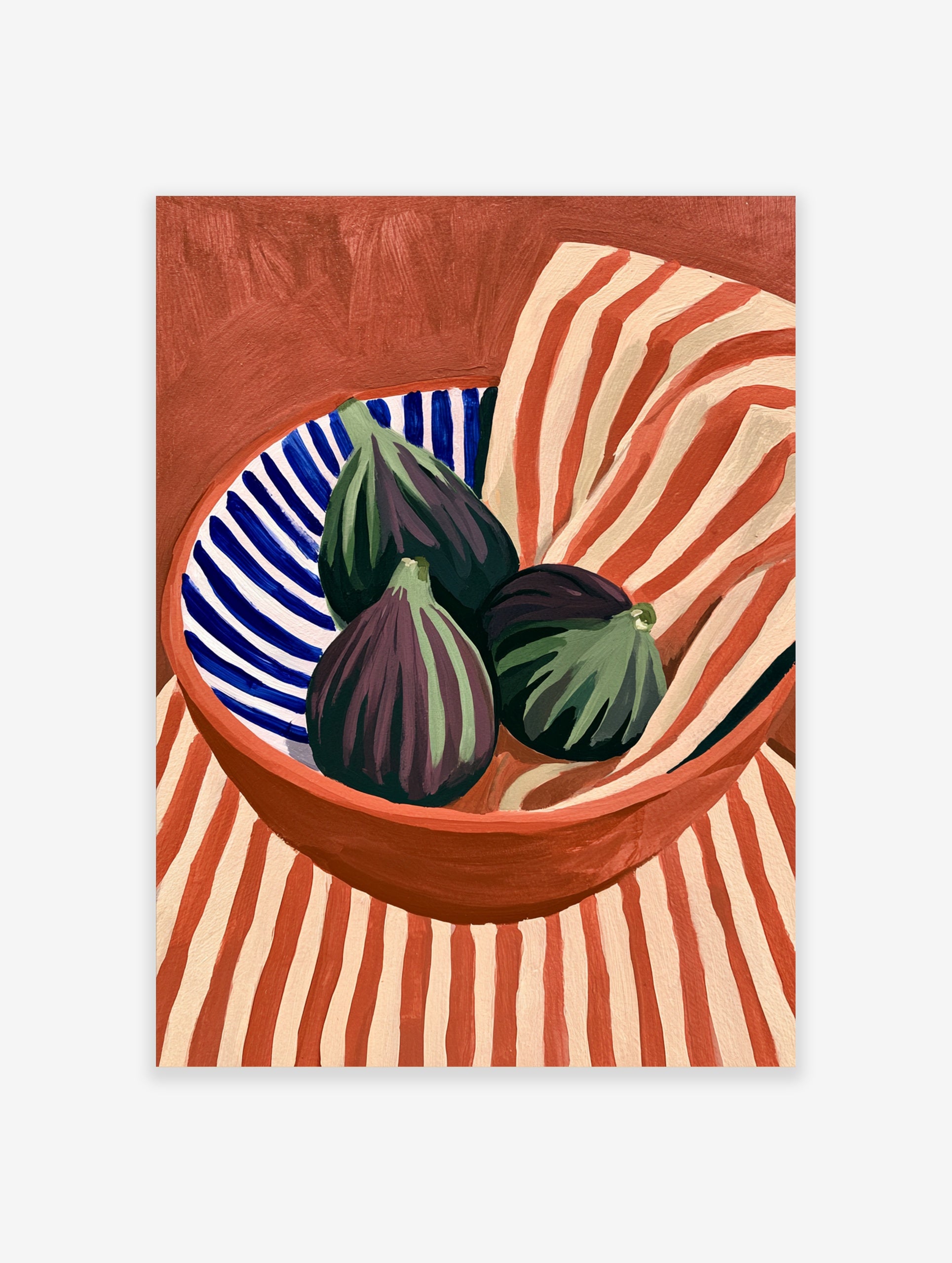 Still life art print of three purple figs in a blue and white striped bowl against a red and beige striped background