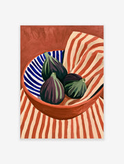 Still life art print of three purple figs in a blue and white striped bowl against a red and beige striped background