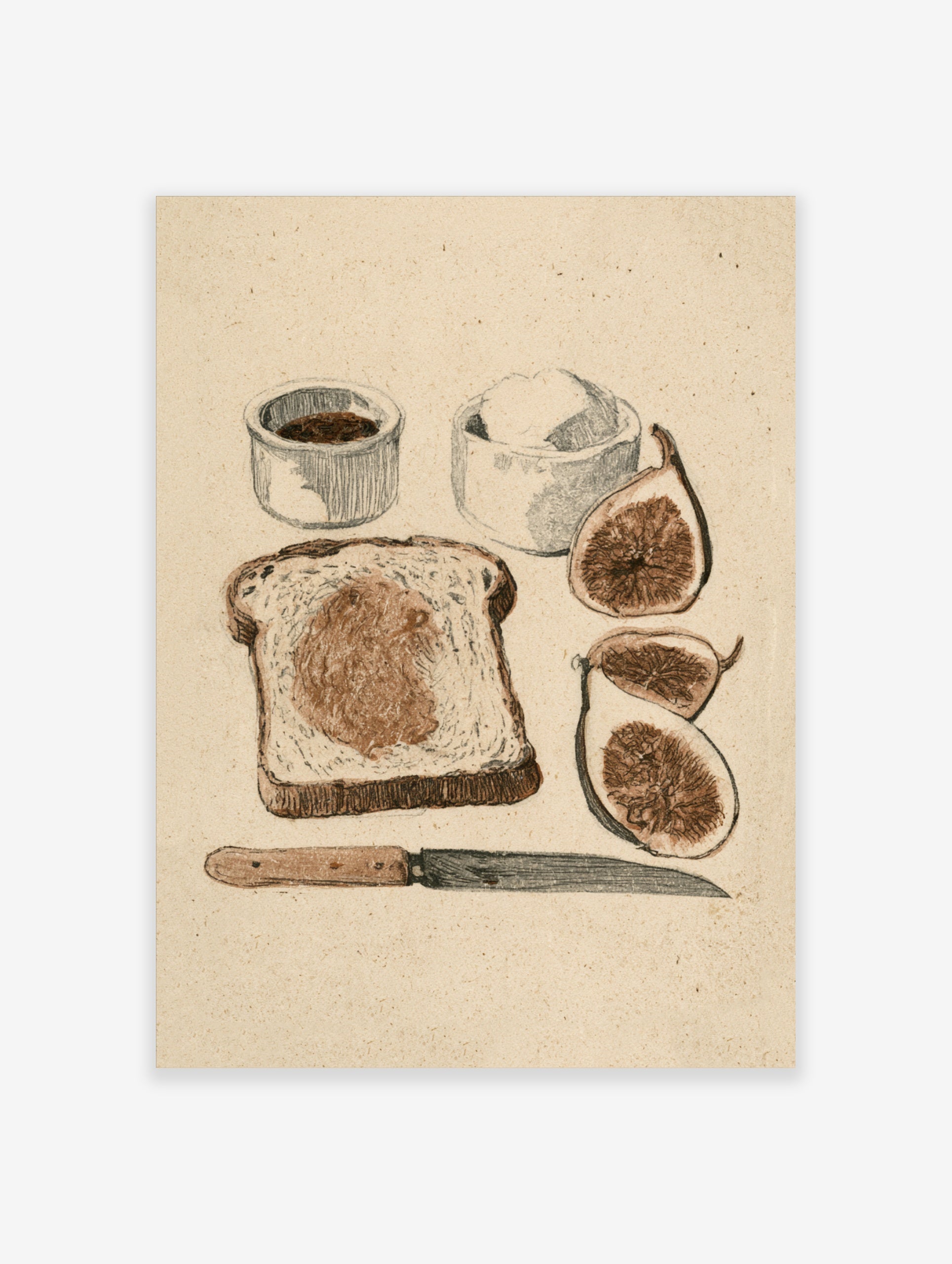 Illustrative breakfast art print featuring a slice of fig toast, fresh figs, and condiments on textured paper background