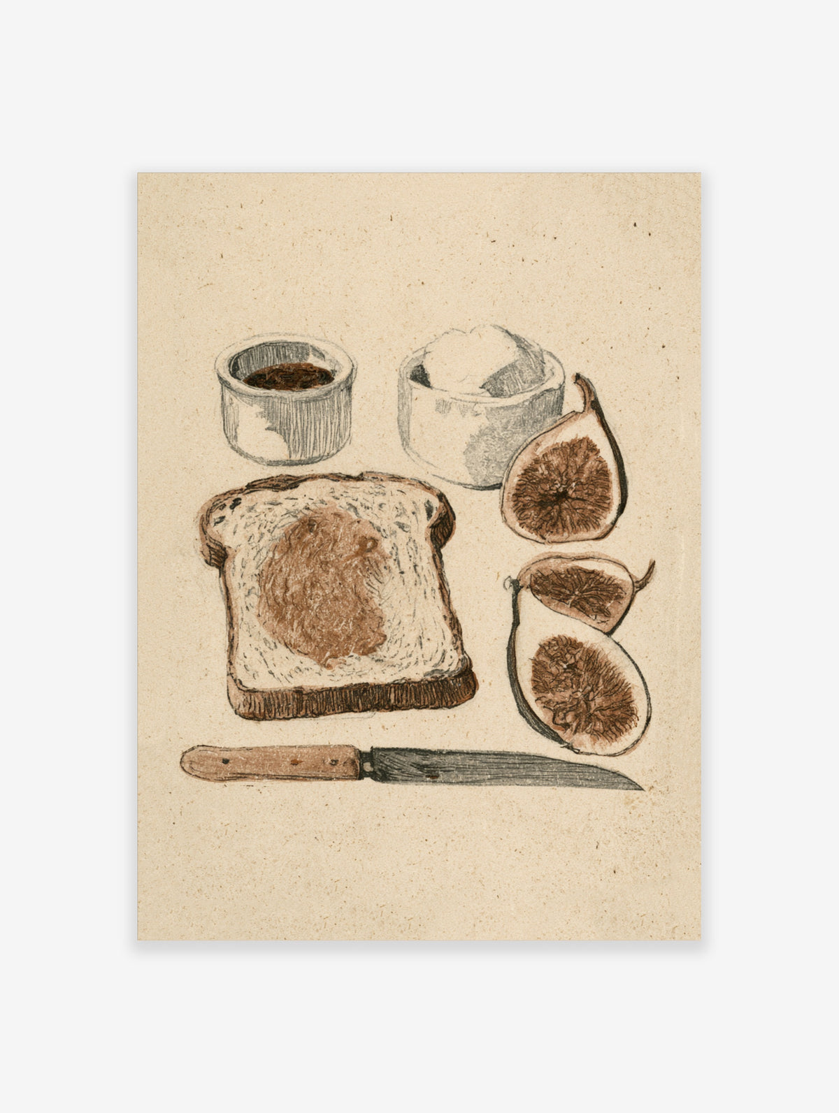 Illustrative breakfast art print featuring a slice of fig toast, fresh figs, and condiments on textured paper background