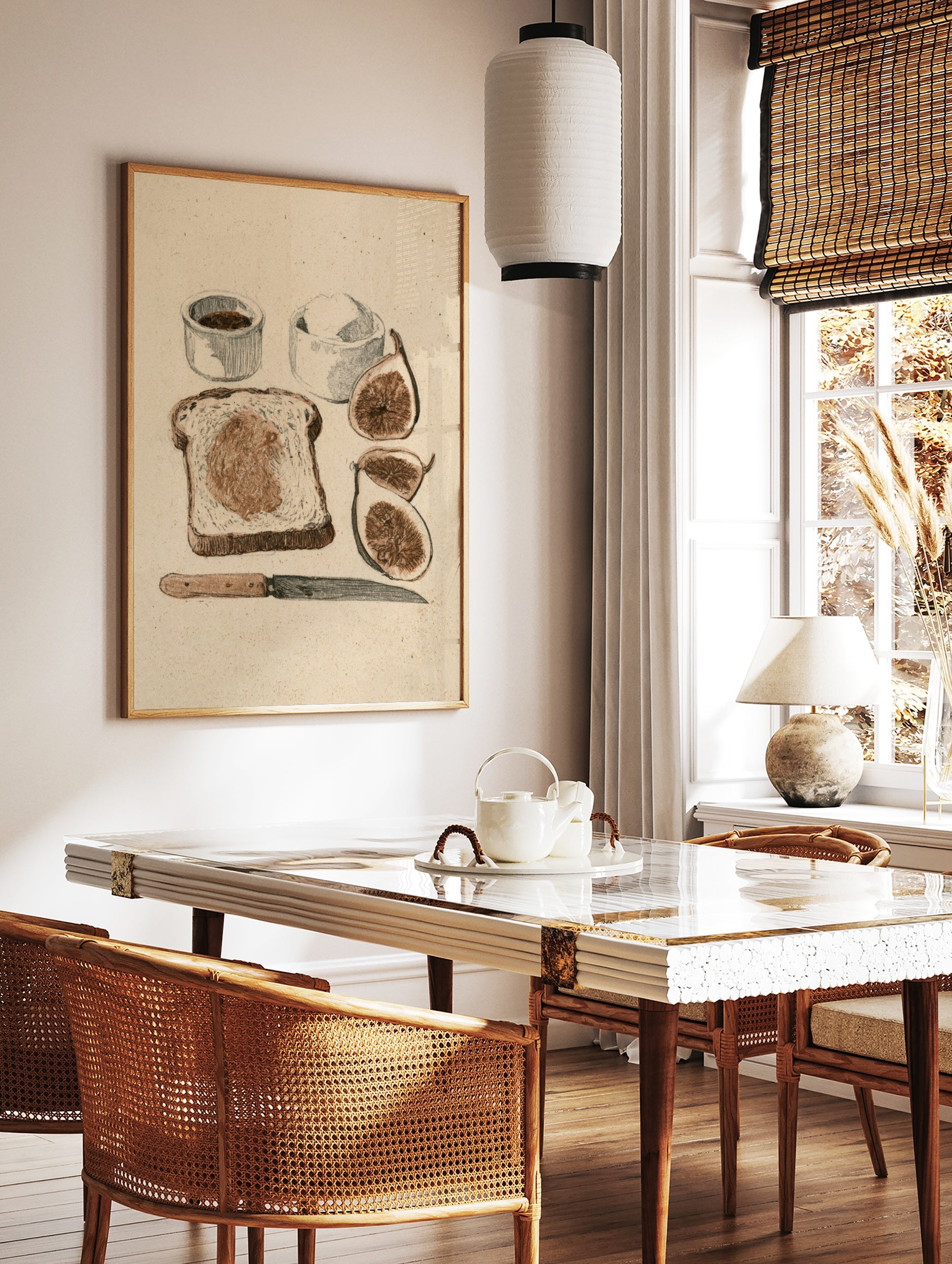 Illustrative breakfast art print featuring a slice of fig toast, fresh figs, and condiments on, in a styled room mockup