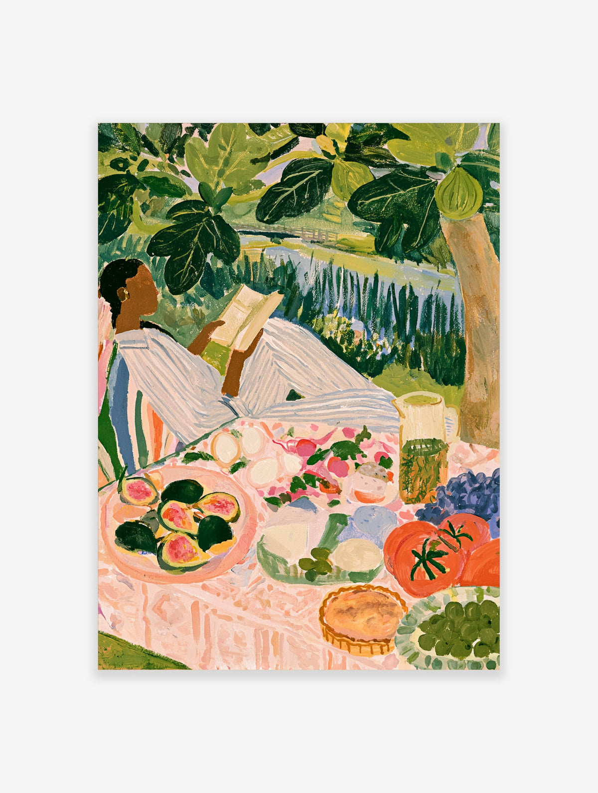 Colourful garden picnic poster of a woman reading under a fig tree with figs, tomatoes and grapes on a table
