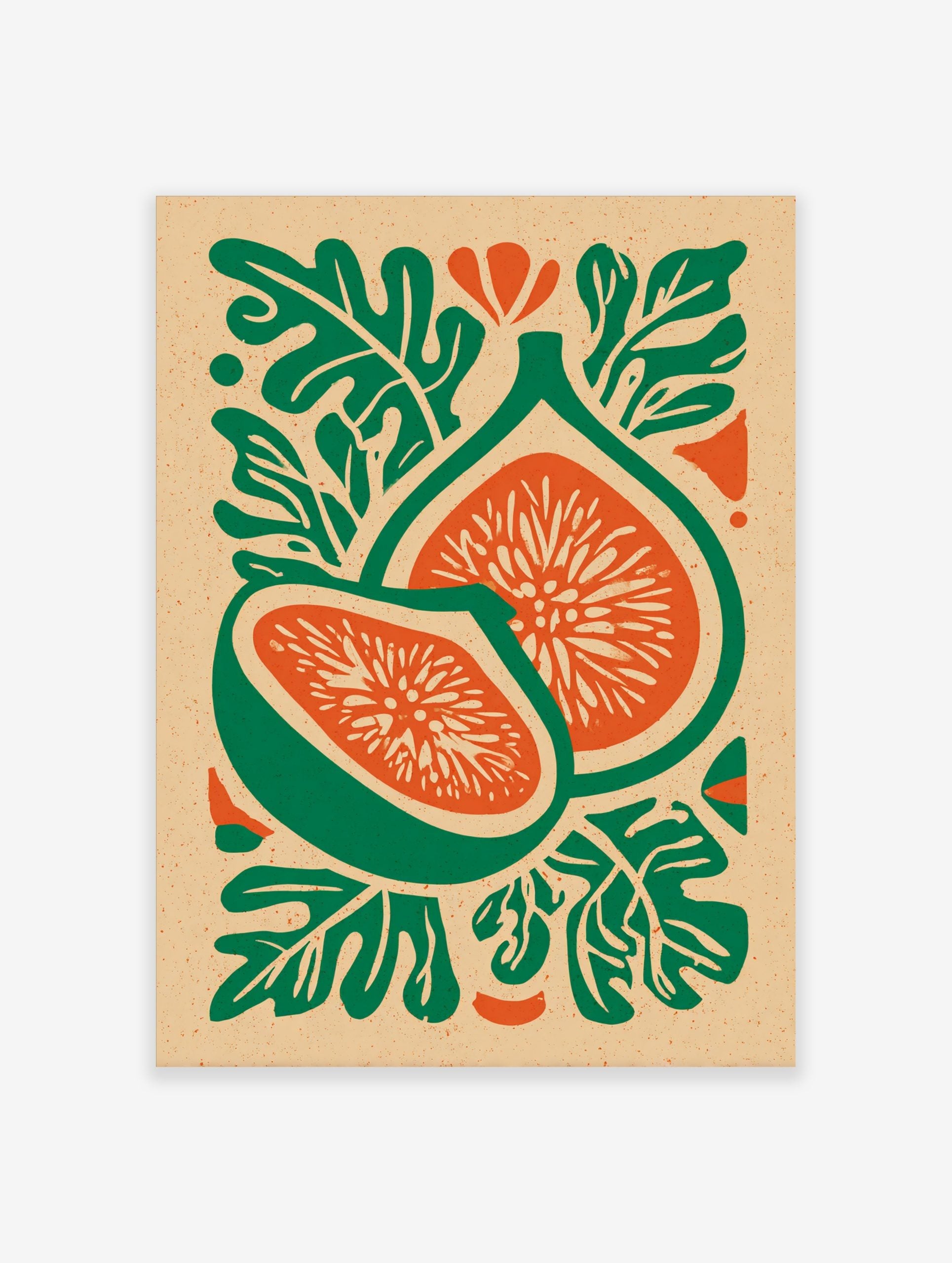 Botanical illustration of two fig fruit halves with green skin, orange flesh, and stylised green leaves on a textured beige