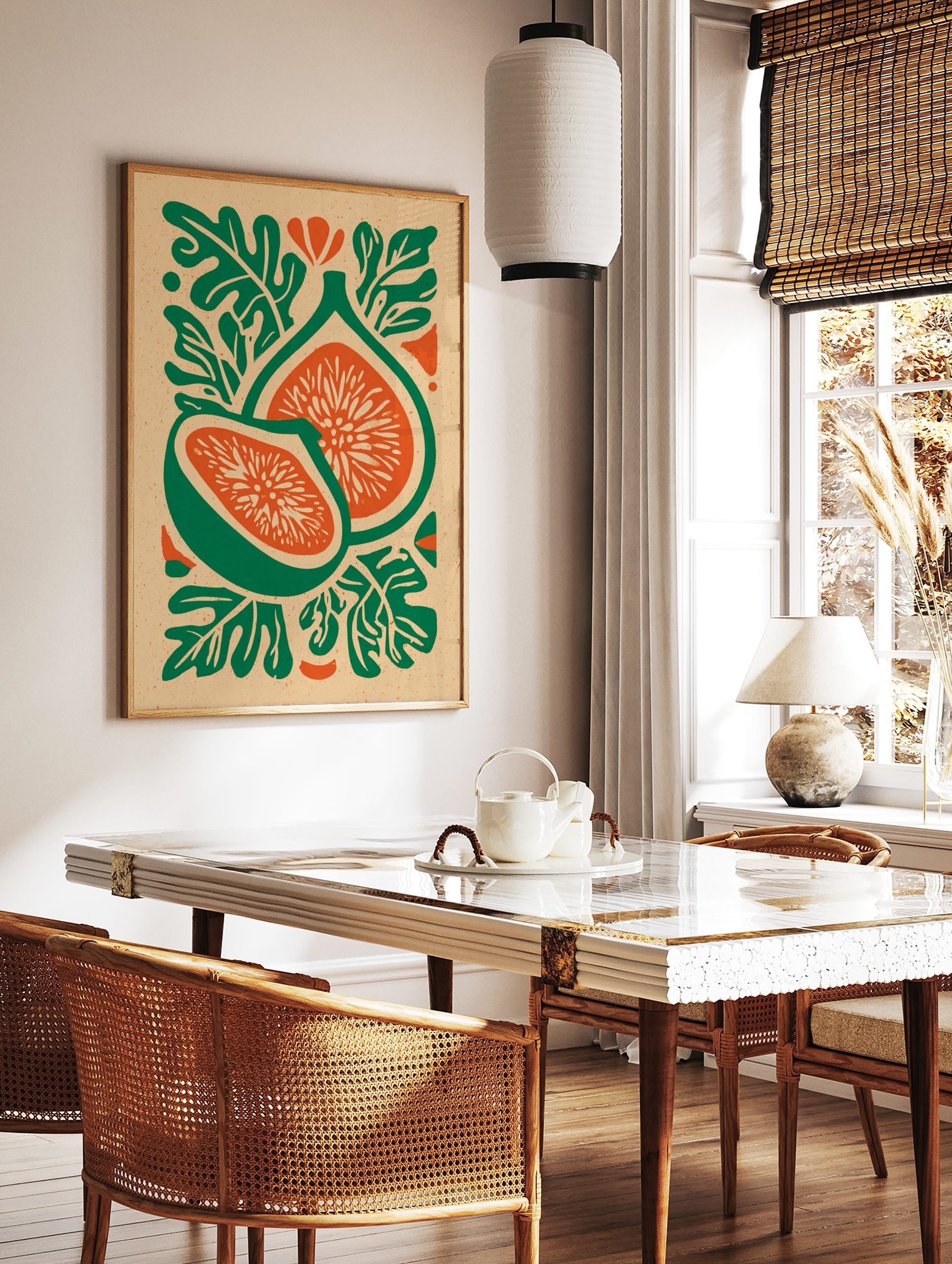 Botanical illustration of two fig fruit halves with green skin, orange flesh, and stylised green, in a styled room mockup