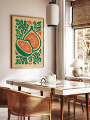 Botanical illustration of two fig fruit halves with green skin, orange flesh, and stylised green, in a styled room mockup