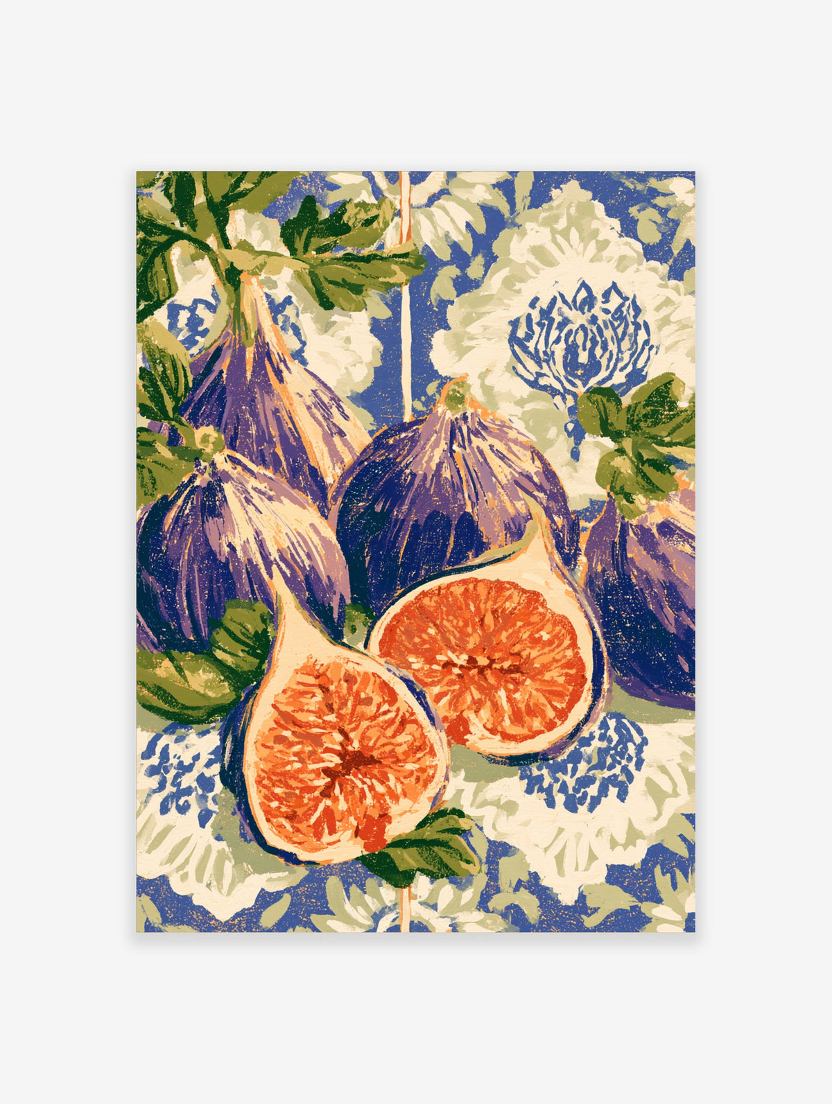 Purple fig wall art print with halved orange figs, green leaves, and blue floral background