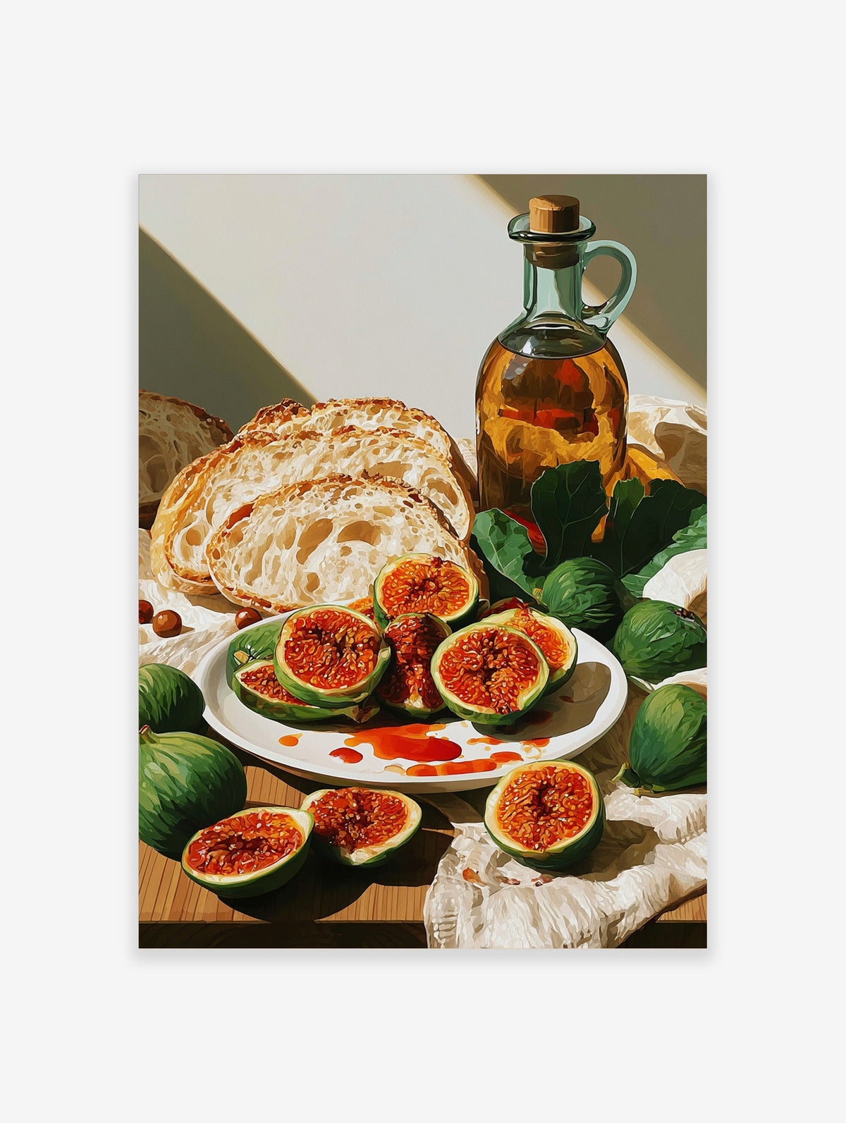Still life art print of sliced figs, rustic bread, and olive oil bottle on a table