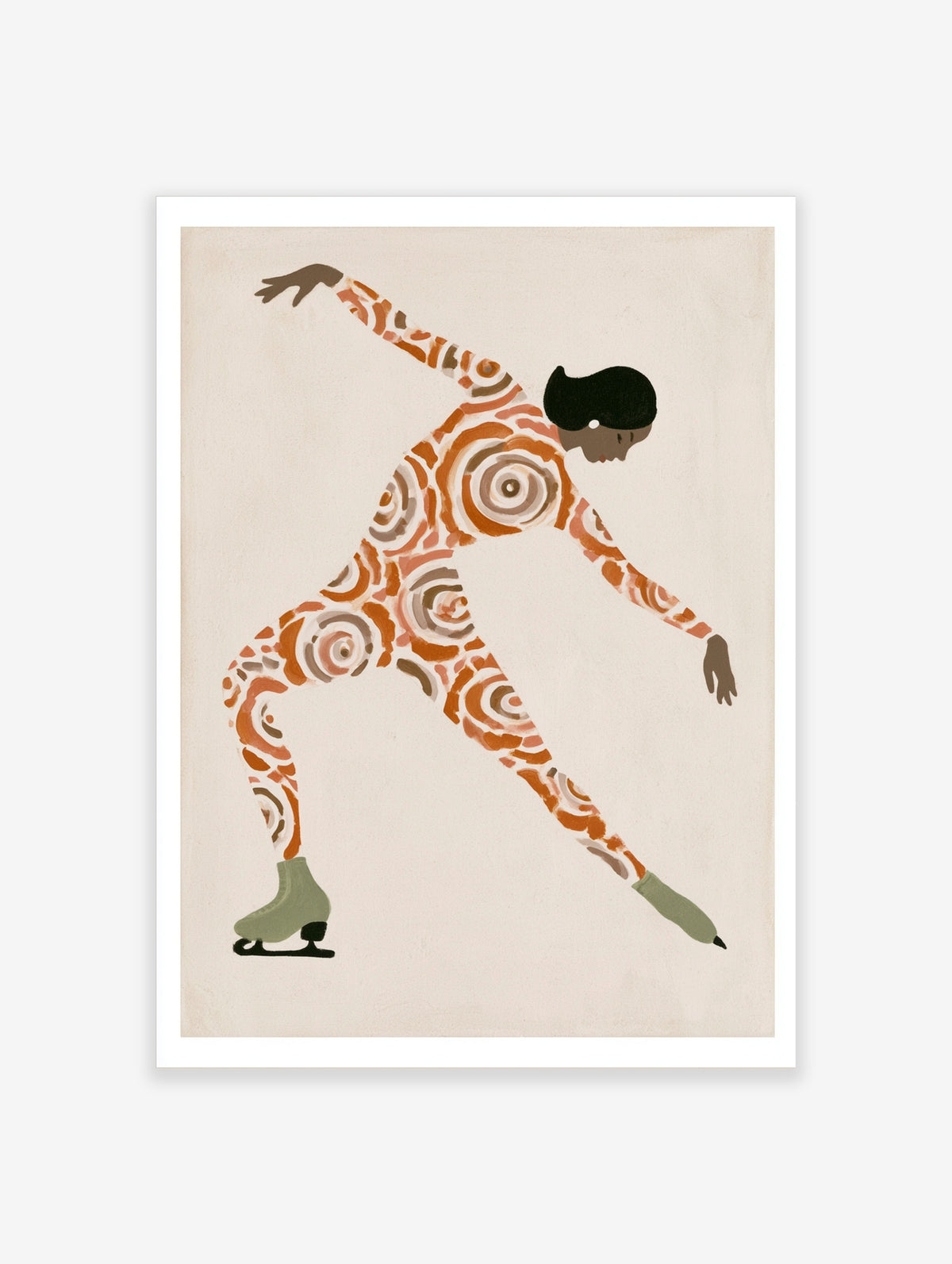 Figure skater in orange swirl pattern and green skates on cream background art print
