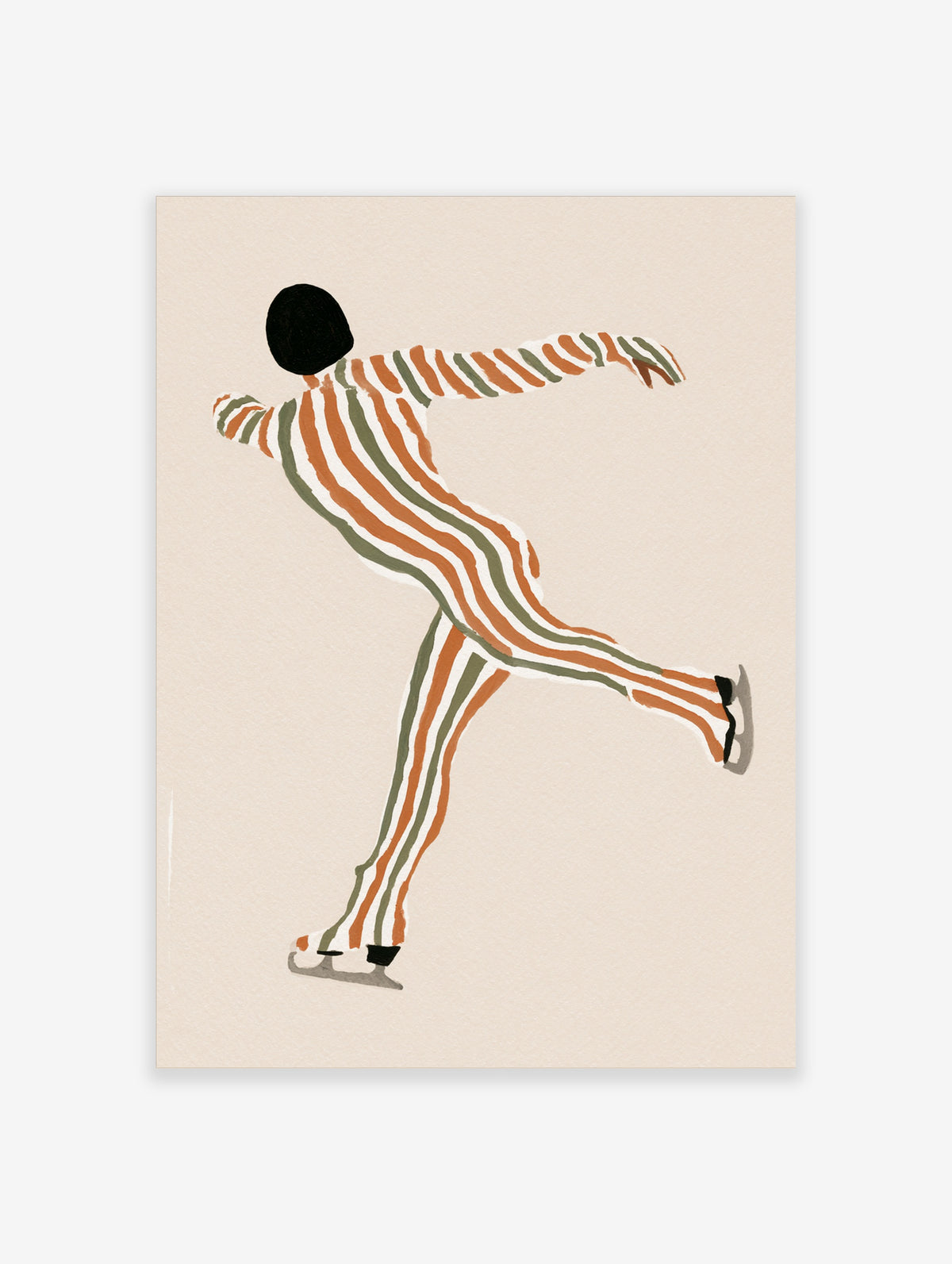 Figure skater in striped suit balancing on ice skates, beige background, modern art print