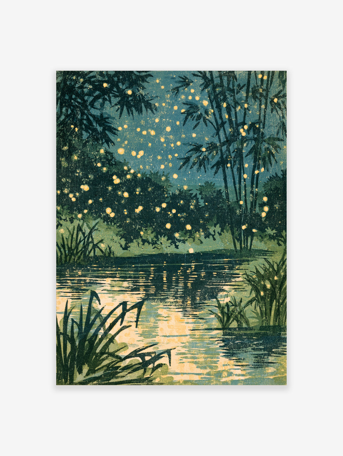 Night pond poster with fireflies, bamboo silhouettes, and water reflections in blue and green