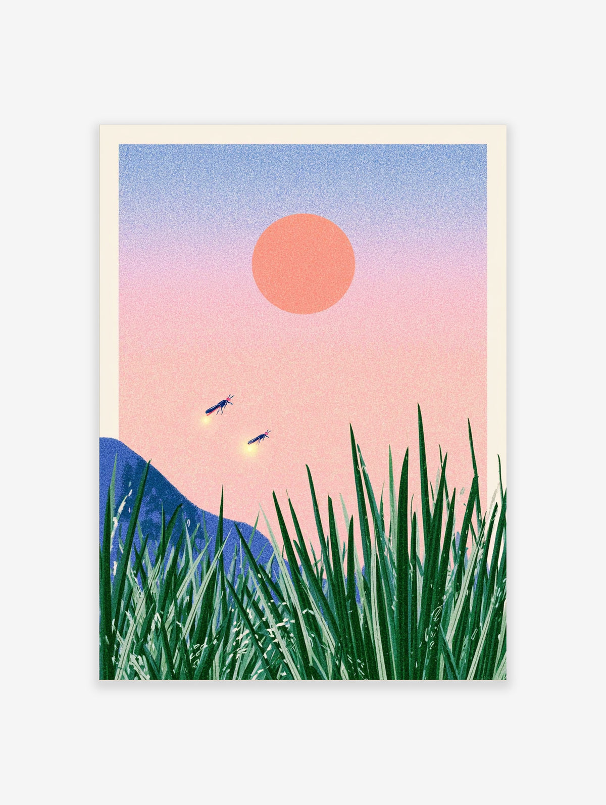 Firefly meadow poster with two glowing insects above tall green grass, a blue hill, and a pink sunset sky with a coral sun