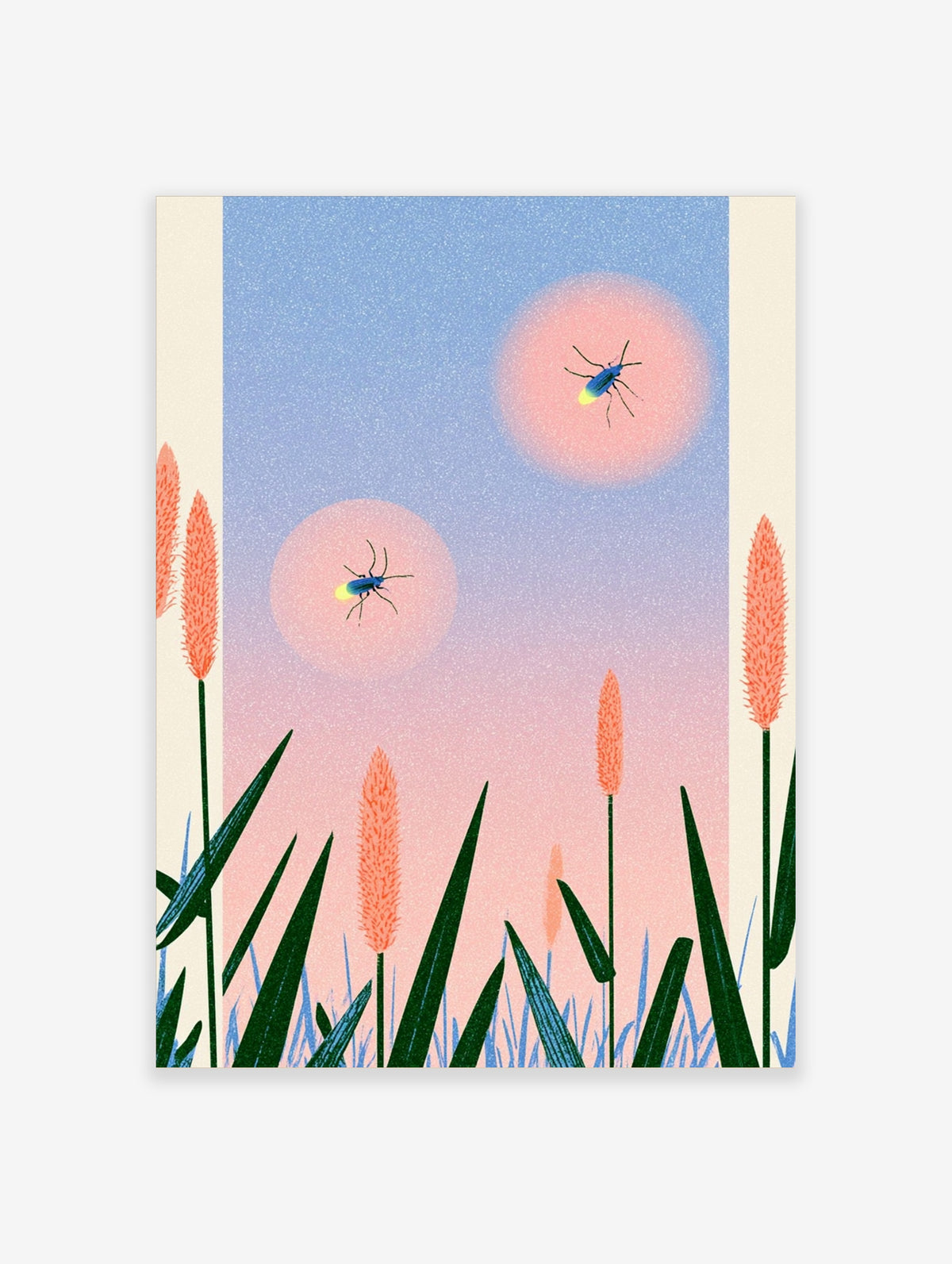 Firefly night sky poster with two glowing bugs and tall pink grass on pastel blue background