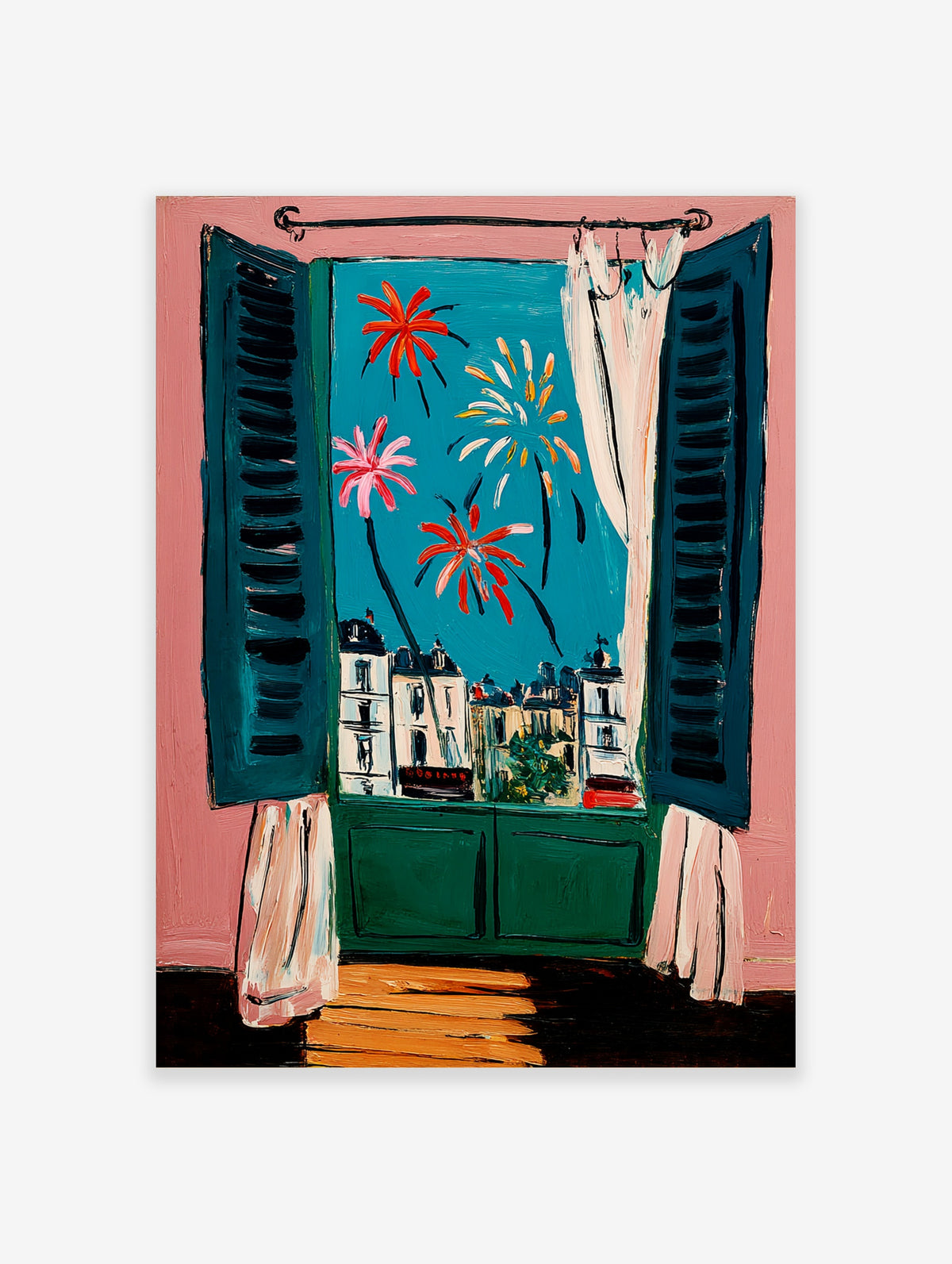 Fireworks over city wall art with pink walls, teal shutters, and white buildings in a window view