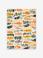 Abstract fish and seaweed illustration with orange, green, and blue brushstrokes on a cream background