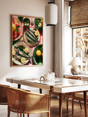 Illustrative fish art print with fresh seafood, lemon slices, grapefruit, and green leaves on a pink striped tablecloth. - Image 2