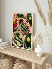 Illustrative fish art print with fresh seafood, lemon slices, grapefruit, and green leaves on a pink striped tablecloth. - Image 3