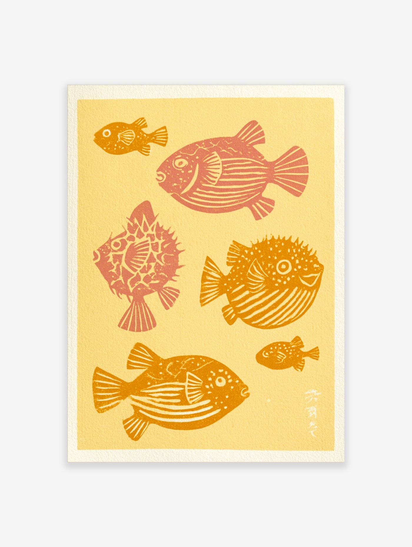Illustrative print of six orange and red pufferfish on a yellow background, marine life wall art
