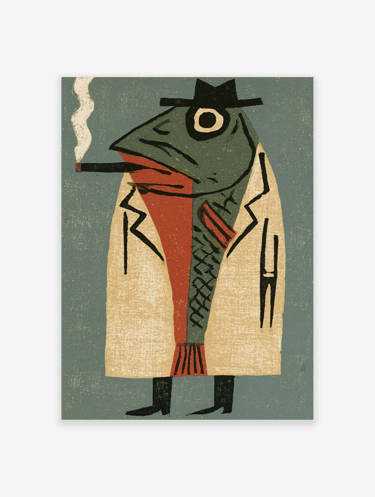Surreal fish in fedora and trench coat smoking cigar art print