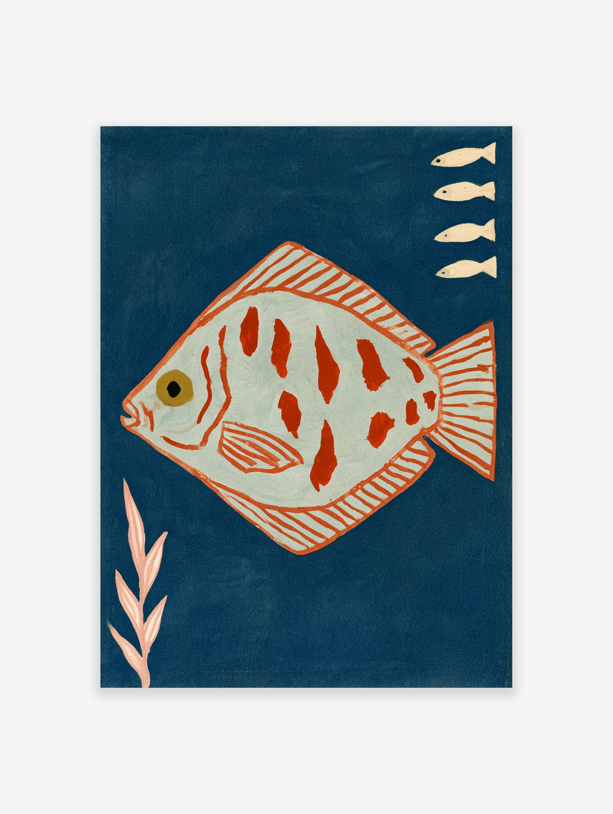 Decorative fish wall art print with orange patterned fish, small fish, and coral on a deep blue background