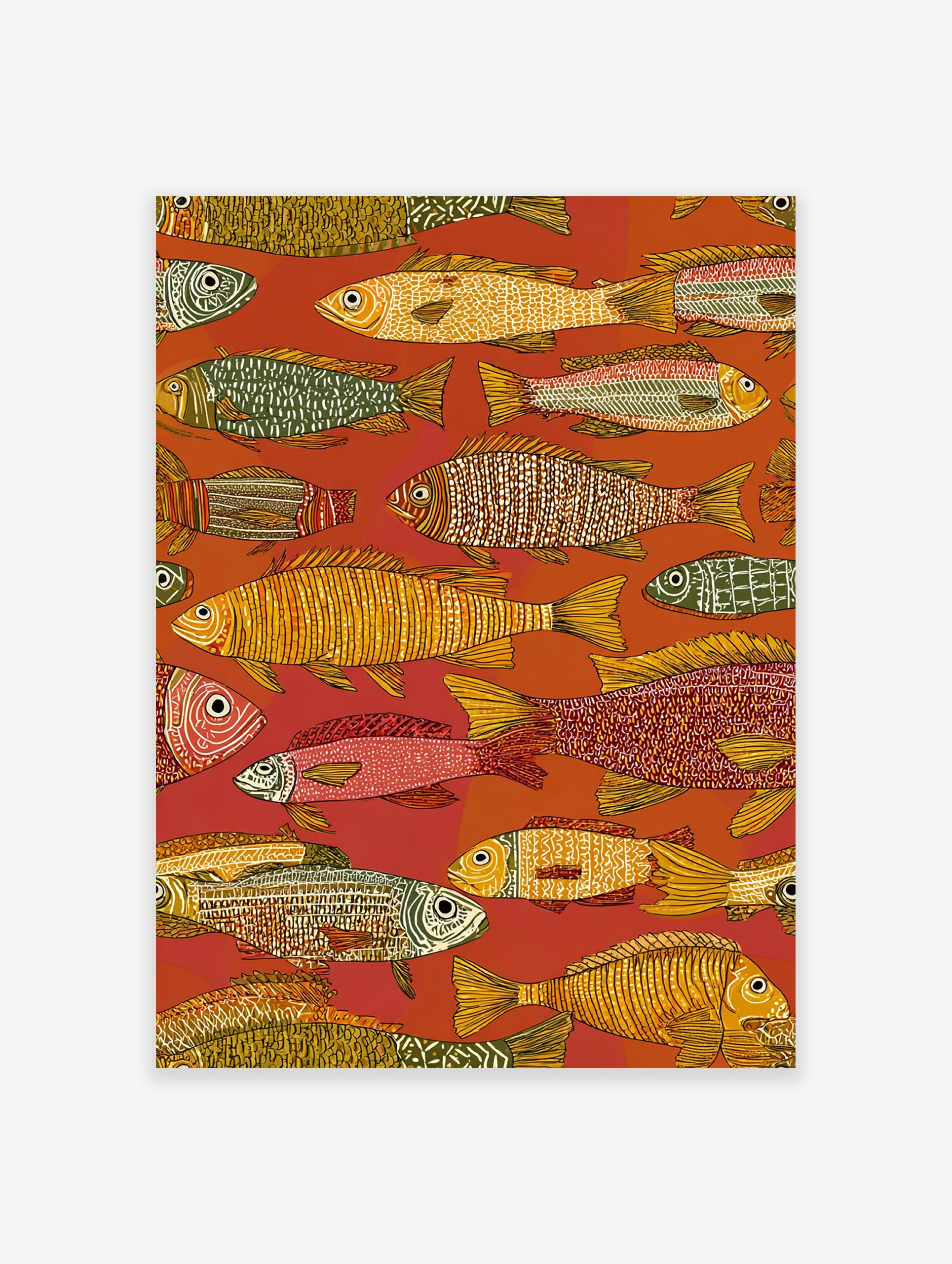 Folk art style fish wall art print with intricate patterns in red, orange, yellow, and green on a warm red background.