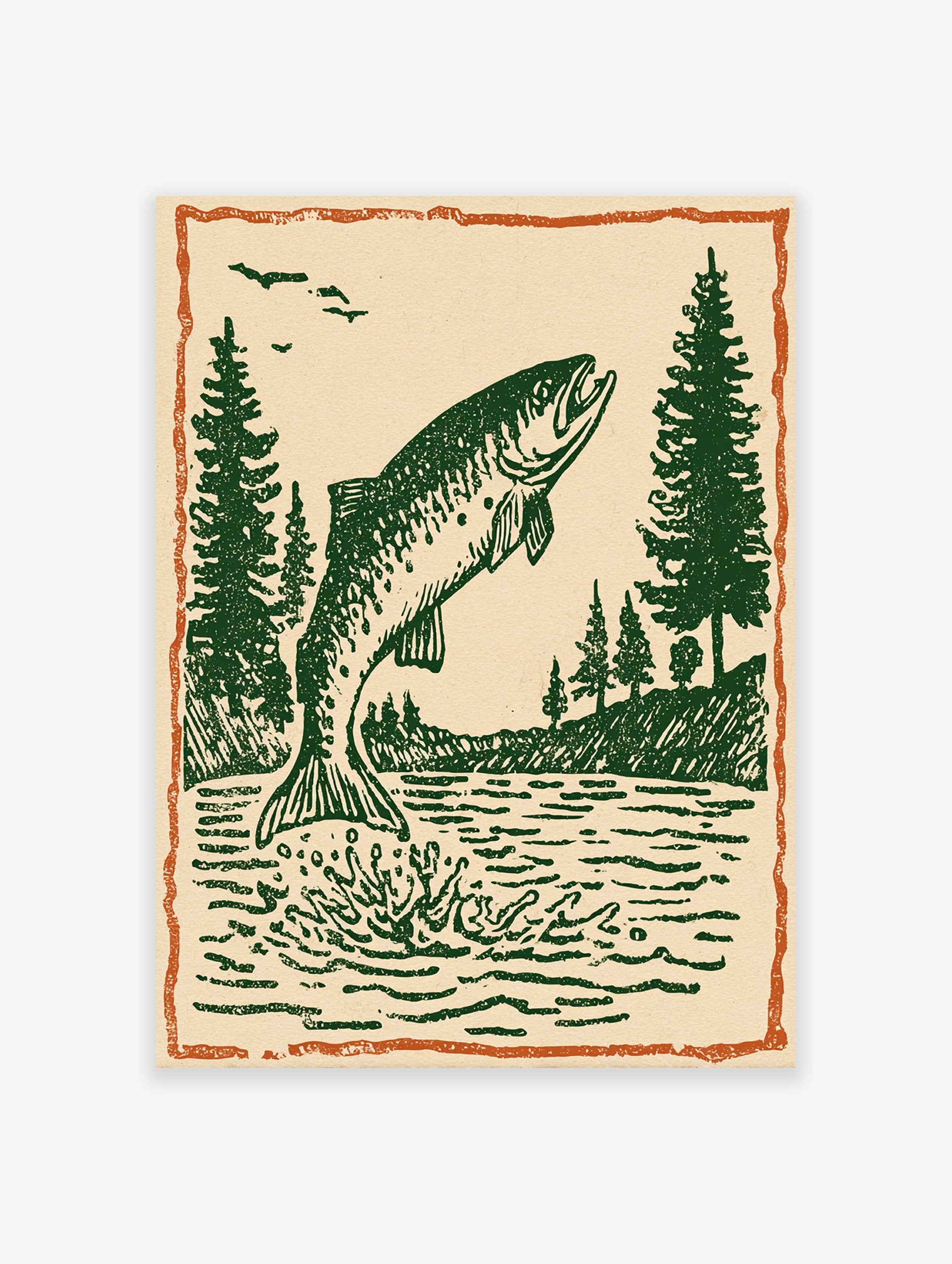 Vintage fish wall art print showing a green fish jumping out of water with pine trees and birds under an orange border.