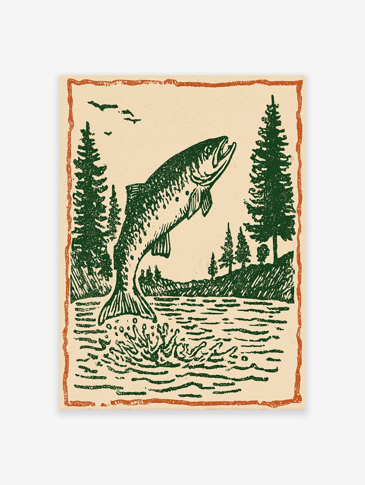 Vintage fish wall art print showing a green fish jumping out of water with pine trees and birds under an orange border.
