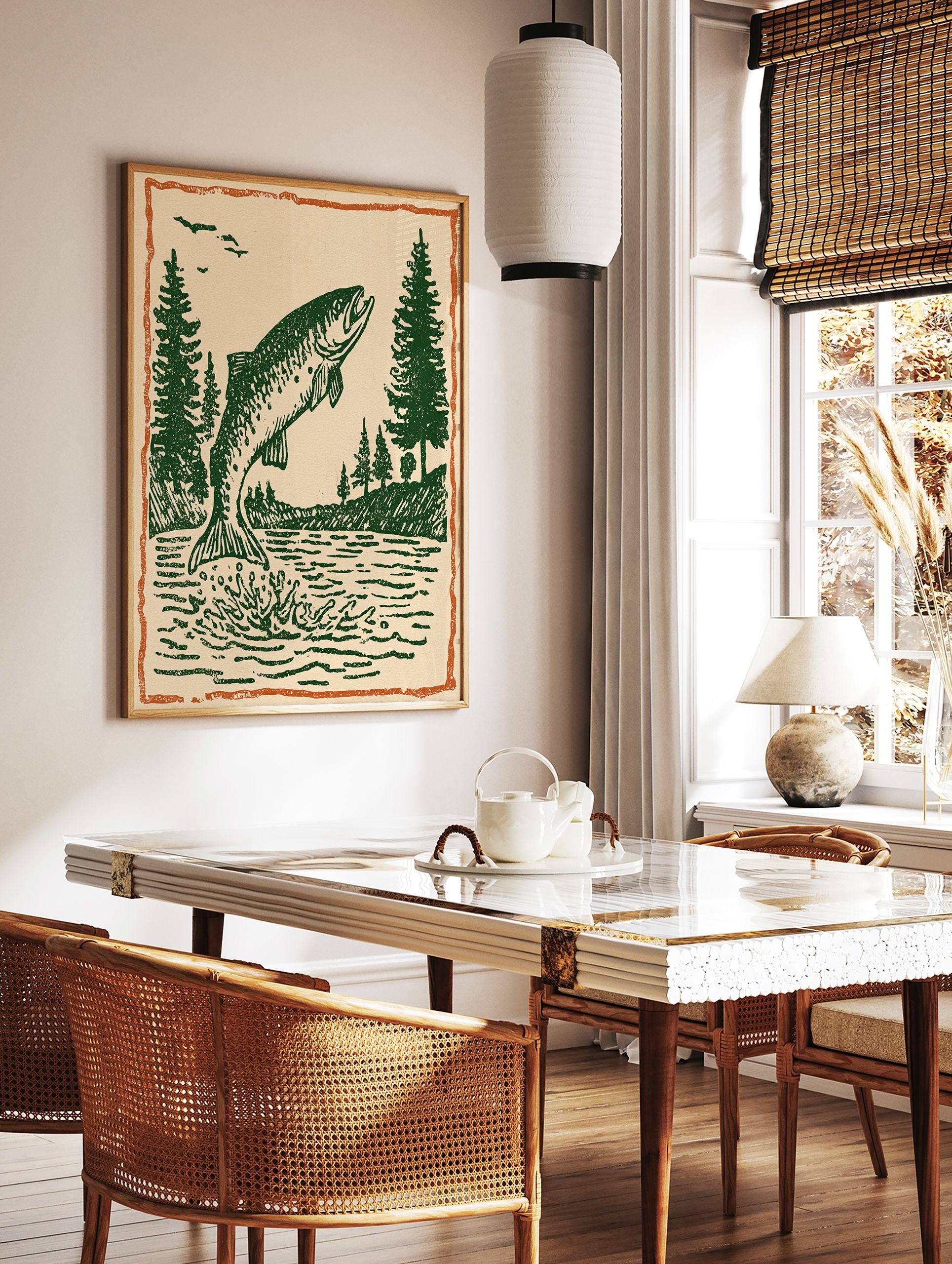 Vintage fish wall art print showing a green fish jumping out of water with pine trees and birds under an orange border. - Image 3
