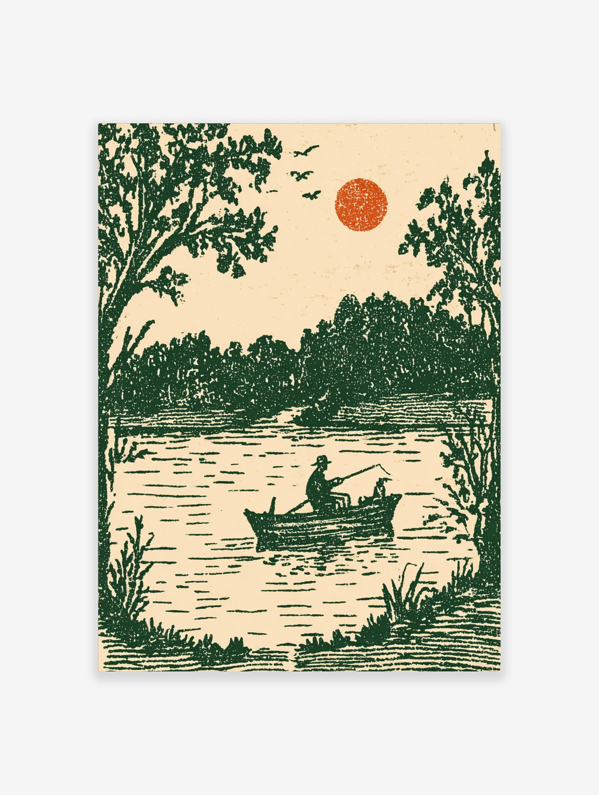 Vintage illustrative art print of a fisherman and dog in a boat on a lake with green trees and orange sun