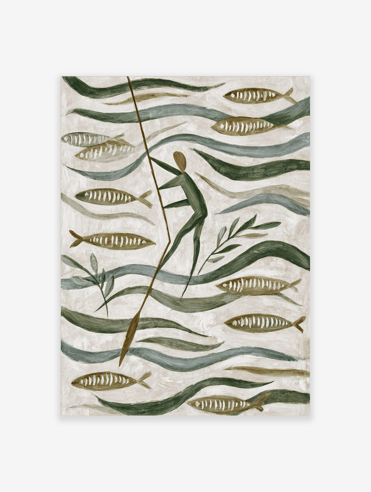 Stylised folk art painting of a person poling through water with fish and green plants in earthy tones