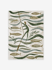 Stylised folk art painting of a person poling through water with fish and green plants in earthy tones