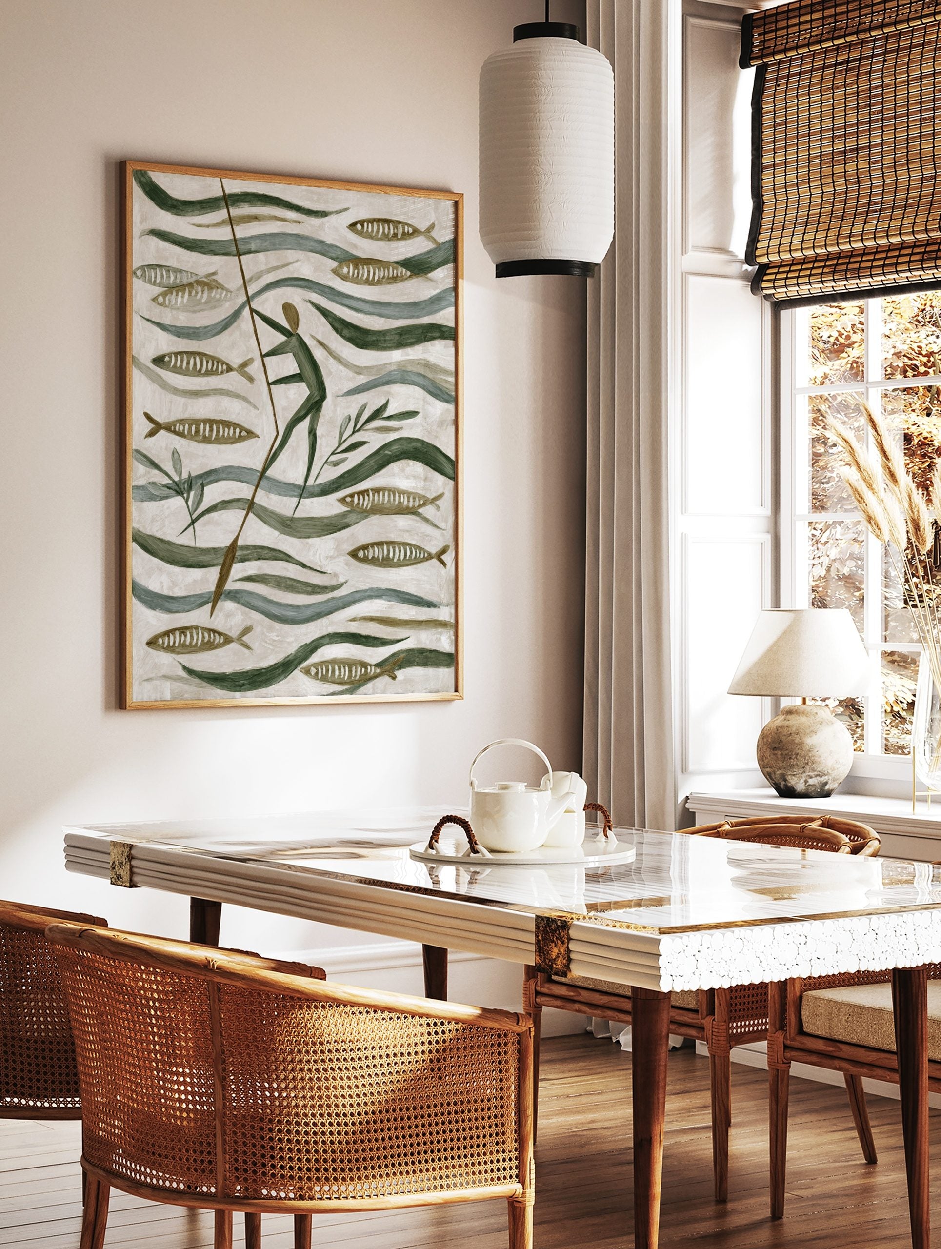 Stylised folk art painting of a person poling through water with fish and green plants in earthy, in a styled room mockup