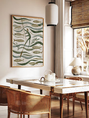 Stylised folk art painting of a person poling through water with fish and green plants in earthy, in a styled room mockup