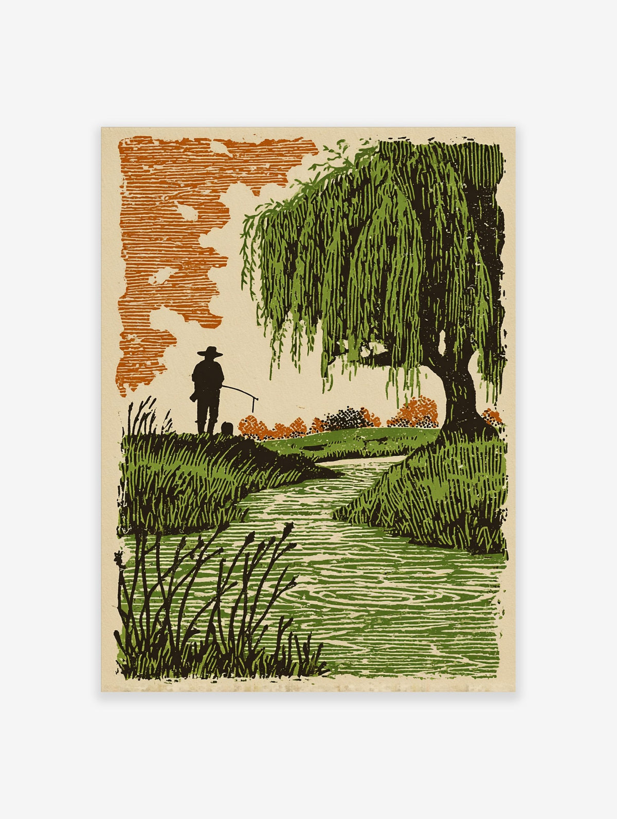 Woodcut style print of a fisherman by a stream with a large weeping willow tree and orange sky